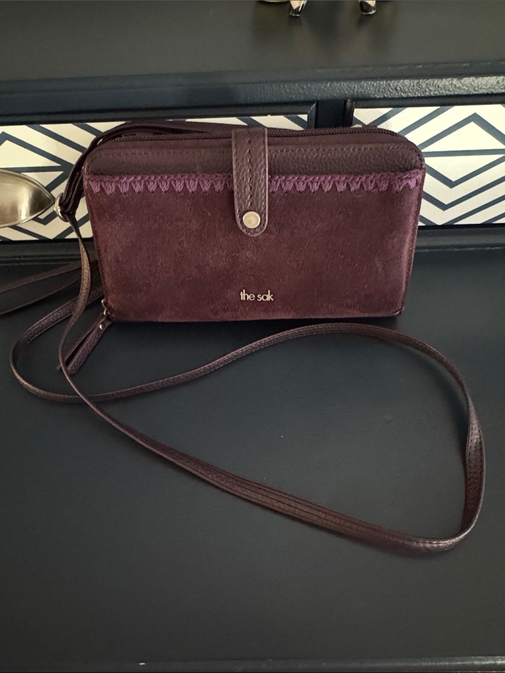 The Sak Plum Suede Crossbody Bag with Purple Stitching